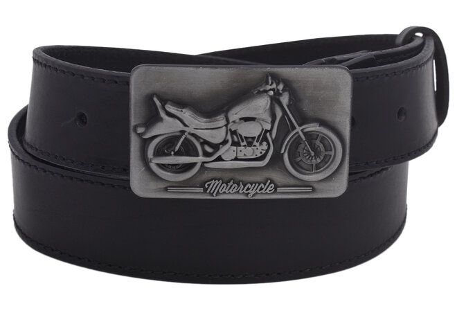 Pánský kožený opasek 740-40-108 černý šitý přezka Motorcycle