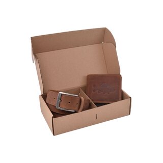 Rybářský dárkový set kapr hlava 320 - pánská peněženka 2911908-56 a pánský opasek světlý tan šitý 747